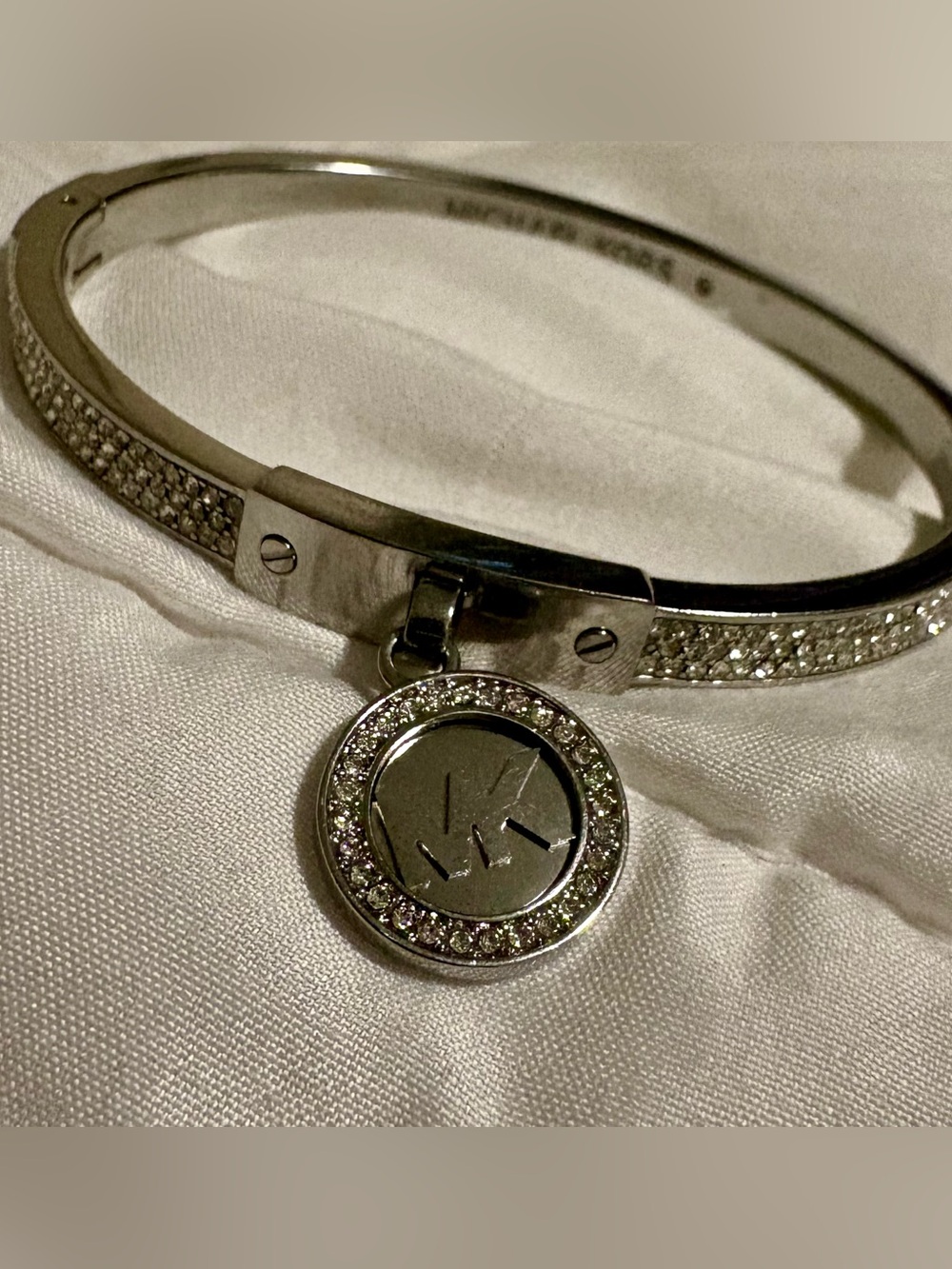 Michael Kors Silver Crystal Pavé Bangle with MK Round Charm